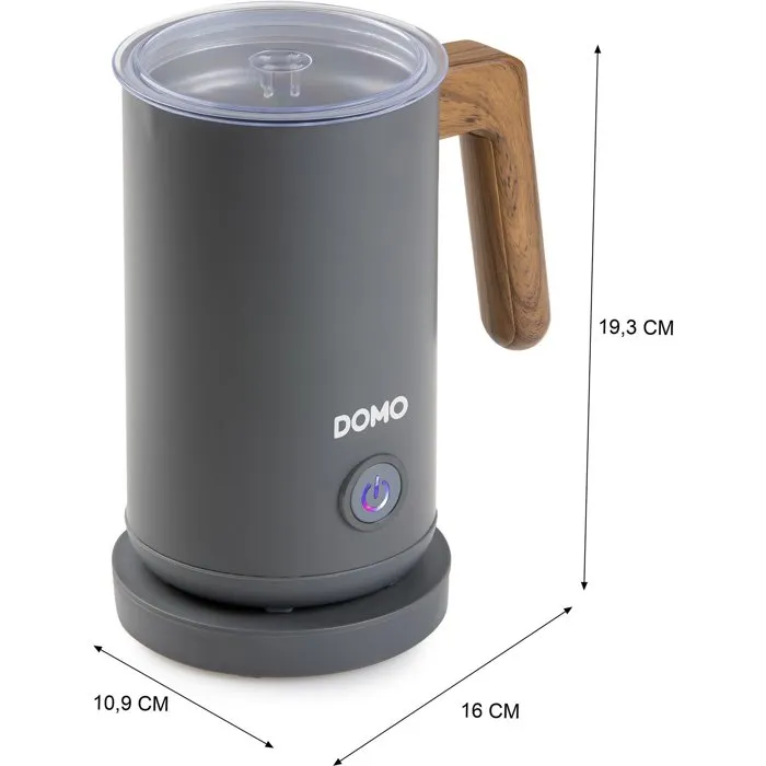 Domo Mousseur à lait DO745MF - 500 W - Capacité 150 ml - 3 fonctions (mousse chaude, froide, chauffage) - Socle rotatif 360° - Revêtement antiadhésif - Gris/Bois
