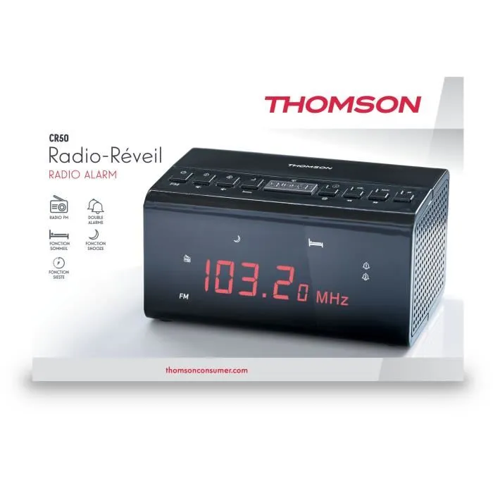 Thomson CR50 Radio Réveil DAB+/FM avec Réglage Automatique Heure, Double Alarme, Écran Lumineux Réglable et 40 Mémorisations - Noir