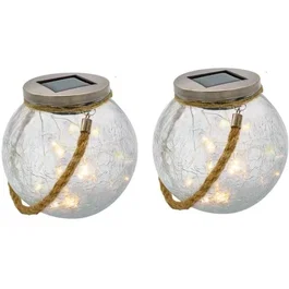 Lumisky Lot de 2 boules solaires CRACK BALL CORD en verre craquelé avec poignée corde et LED blanc chaud - H 13 cm - Éclairage extérieur et intérieur