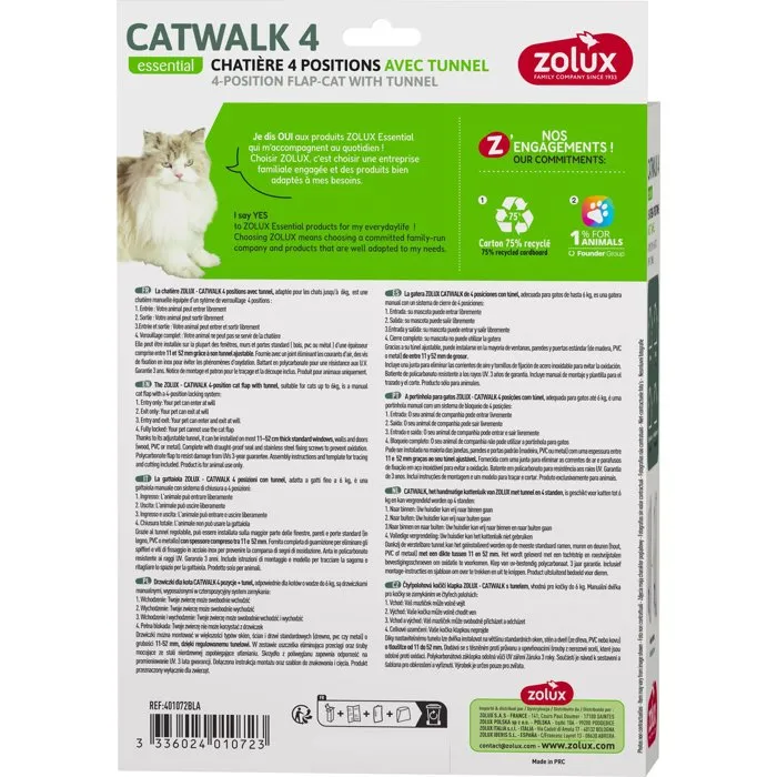 Zolux Chatiere Catwalk - Verrouillage 4 positions avec tunnel ajustable, pour porte bois, PVC ou metal - Blanc - L20 x H25 cm