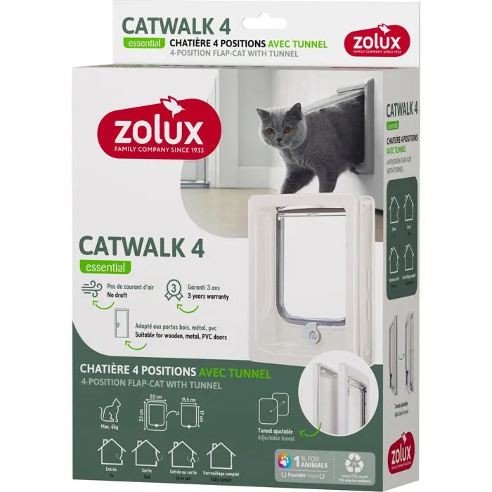 Zolux Chatiere Catwalk - Verrouillage 4 positions avec tunnel ajustable, pour porte bois, PVC ou metal - Blanc - L20 x H25 cm
