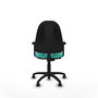 Chaise de bureau Algarra avec mécanisme de contact permanent de base, revêtue de similicuir turquoise. Équipée d'une base en polyamide noire, d'accoudoirs 2D et de roulettes autobloquantes