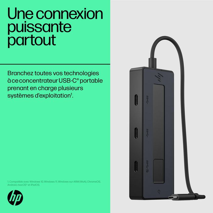 HP Concentrateur USB-C 4K Portable avec 4 Ports USB-C, Alimentation 65W et Compatibilité Multi-OS pour Windows, macOS, Chrome OS, iOS et Android