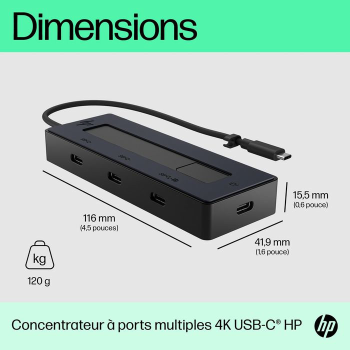 HP Concentrateur USB-C 4K Portable avec 4 Ports USB-C, Alimentation 65W et Compatibilité Multi-OS pour Windows, macOS, Chrome OS, iOS et Android