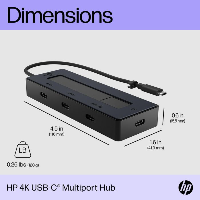HP Concentrateur USB-C 4K Portable avec 4 Ports USB-C, Alimentation 65W et Compatibilité Multi-OS pour Windows, macOS, Chrome OS, iOS et Android