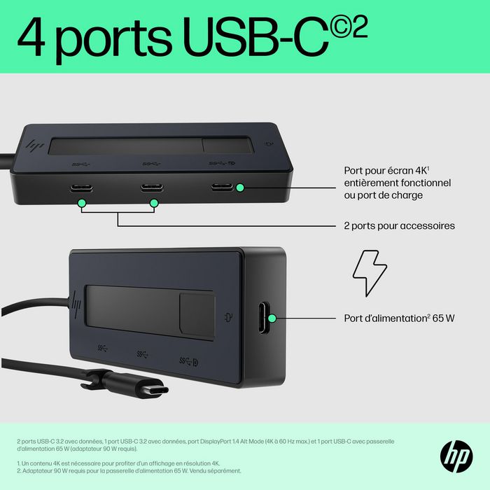 HP Concentrateur USB-C 4K Portable avec 4 Ports USB-C, Alimentation 65W et Compatibilité Multi-OS pour Windows, macOS, Chrome OS, iOS et Android