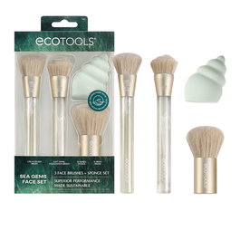 EcoTools Sea Gems Coffret Pinceaux et Éponge de Maquillage (4 pièces) - Set Visage Complet Vegan avec Plastique Océan Recyclé pour Fond de Teint, Blush et Poudre