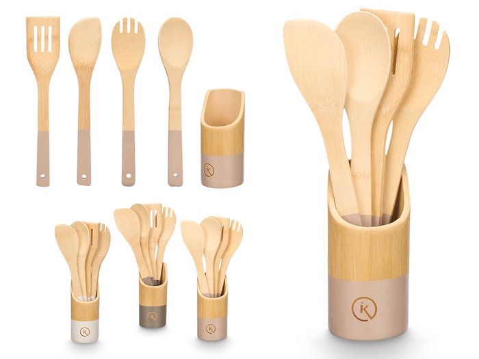 Kinvara Set 4 ustensiles de cuisine avec support en bambou, couleurs assorties 7x31x7 cm (Set de 12) Kinvara Set 4 ustensiles de cuisine avec support en bambou, couleurs assorties 7x31x7 cm (Set de 12)