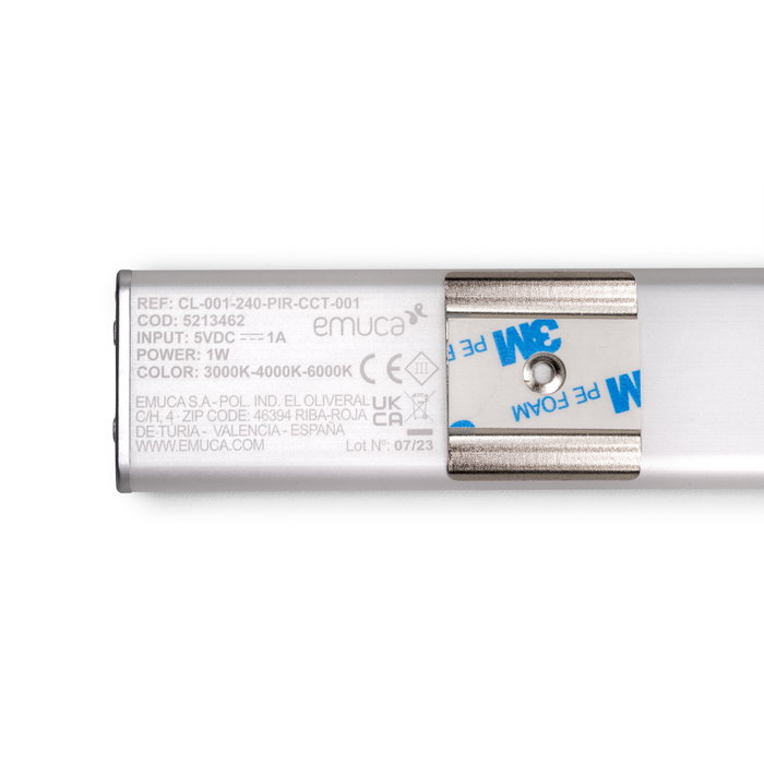 Emuca Luminaire LED Kaus rechargeable par usb avec détecteur de mouvement, L 400 mm, Anodisé mat, Plastique et Aluminium
