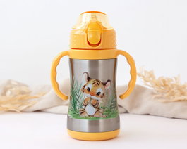 KioKids - Bouteille isotherme enfant Tigre 280 ml en acier inoxidable avec paille en silicone et anses, couleur moutarde, pour bébés dès 6 mois, Little Sauvages