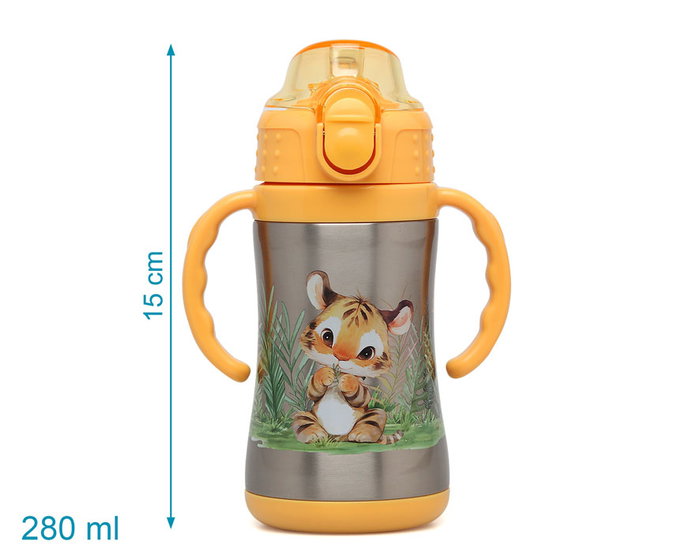 KioKids - Bouteille isotherme enfant Tigre 280 ml en acier inoxidable avec paille en silicone et anses, couleur moutarde, pour bébés dès 6 mois, Little Sauvages