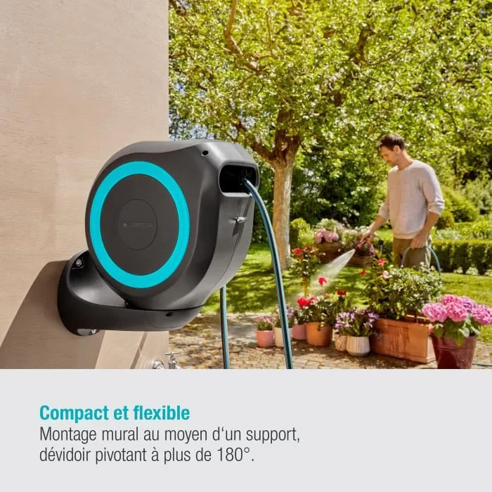 Gardena RollUp M - Dérouleur mural automatique pour tuyau d'arrosage 20 m, liseret bleu, avec enroulement automatique et nez de robinet latéral