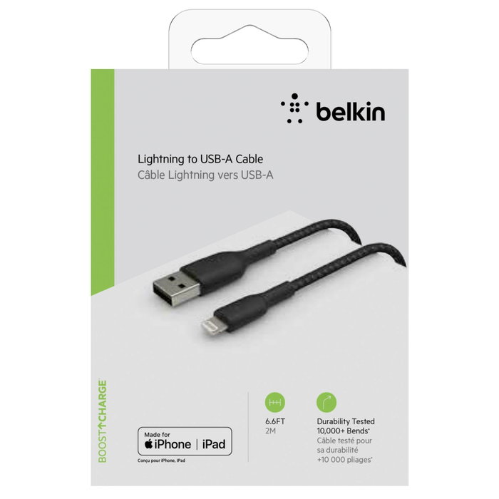 Belkin Câble tressé Lightning vers USB-A, 2 m, Noir Belkin Câble tressé Lightning vers USB-A, 2 m, Noir