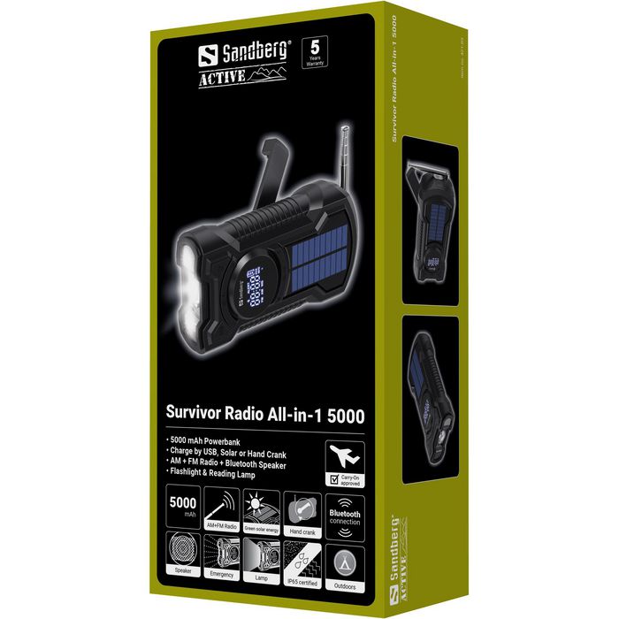 Sandberg Survivor Radio All-in-1 5000 - Haut-parleur Bluetooth, Radio AM/FM, Power Bank 5000 mAh, Lampe de poche, Recharge USB/Solaire/Mancelle