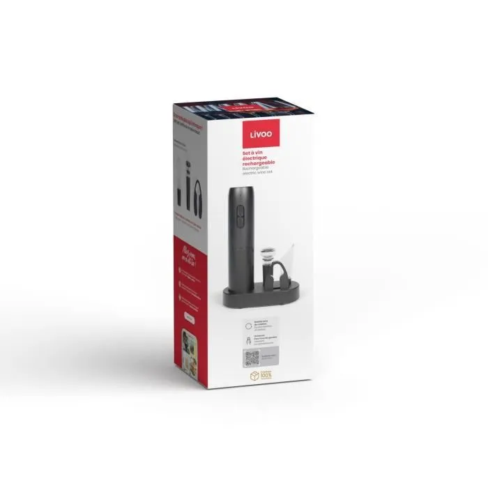 Livoo Set à vin électrique rechargeable GS159 avec pompe à pression, 5 accessoires, capacité 30 bouteilles