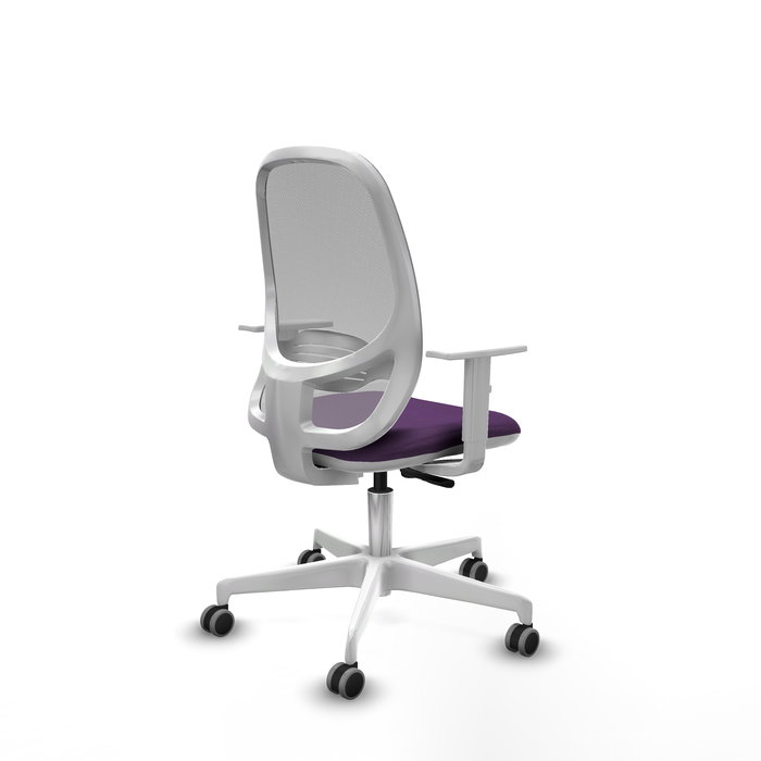 Chaise Cilanco Synchro 3 positions Maille/tissu Pourpre Maille Gris Structure polyamide blanc Accoudoirs blancs Sans appui-tête Roulettes 65mm pour moquette