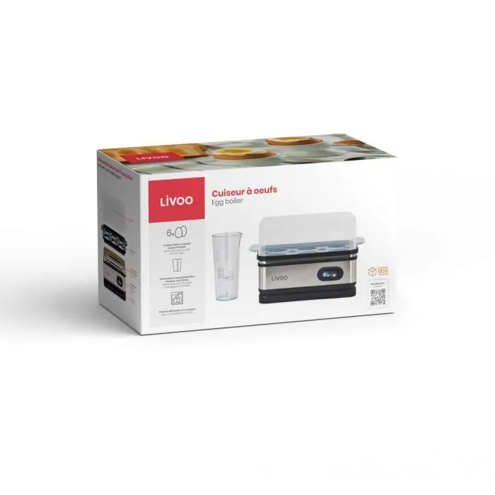 Livoo DOC290 Cuiseur à œufs, 6 œufs, 400 W, acier inoxydable, maintien au chaud, avec support et verre doseur