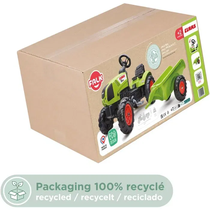 FALK Tracteur à pédales Claas Arion 410 avec remorque, jouet enfant 2 à 5 ans, fabriqué en France, plastique recyclé
