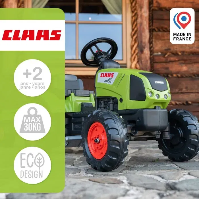 FALK Tracteur à pédales Claas Arion 410 avec remorque, jouet enfant 2 à 5 ans, fabriqué en France, plastique recyclé