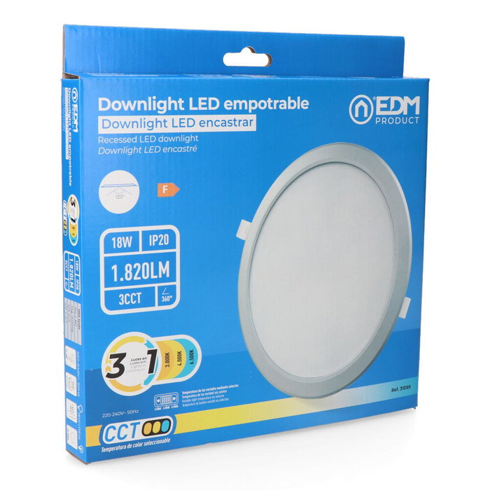 Edm Downlight LED encastrable rond 18W 3CCT Aluminium