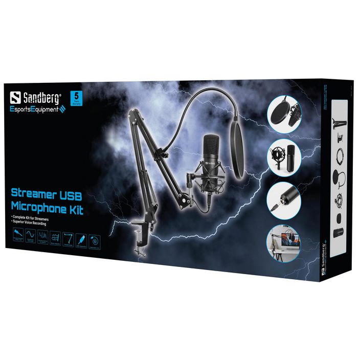 Sandberg Streamer Kit Microphone USB pour Streaming – Micro complet avec filtre anti-pop, pare-vent et bras réglable
