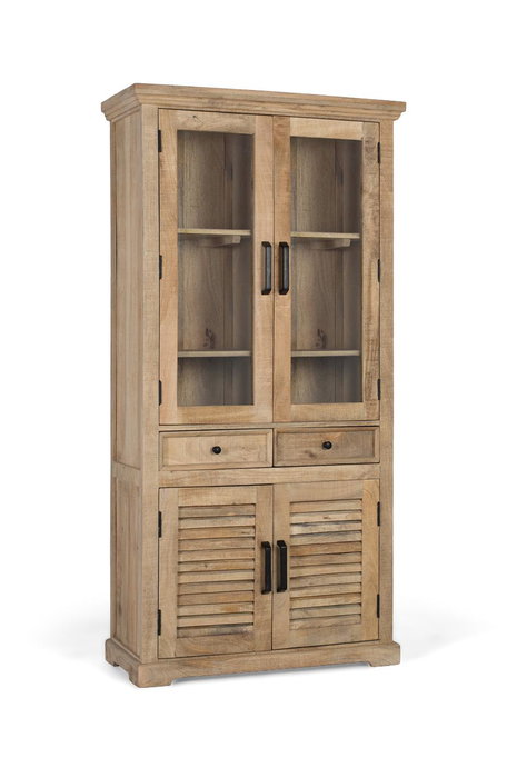 GINER Y COLOMER - Vitrine en bois de manguier avec portes en verre et 2 tiroirs, meuble de salon rustique contemporain (180x90x40 cm)
