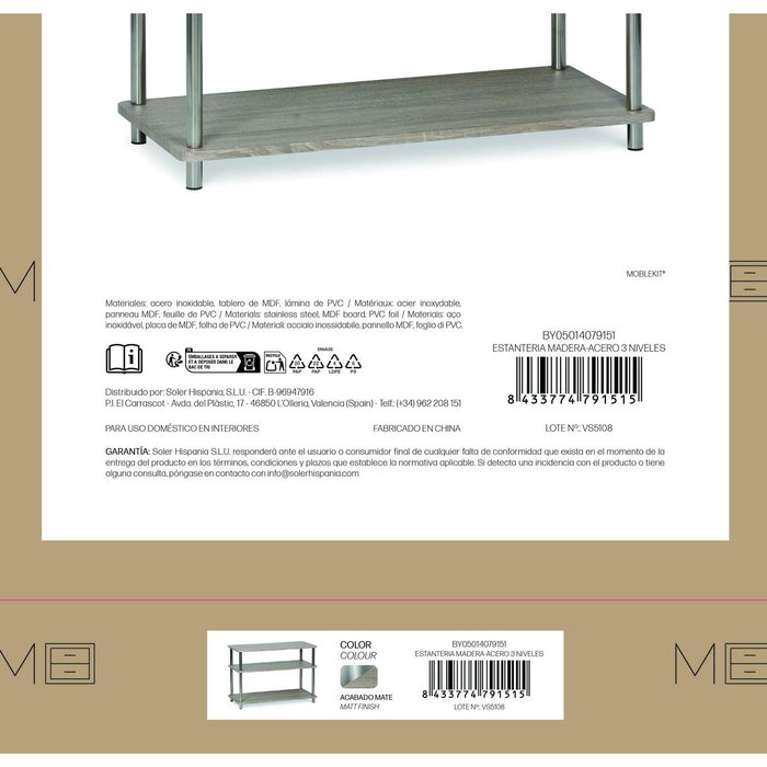 MobleKit Étagère Marron Argenté Bois Acier 80 x 38,5 x 56 cm