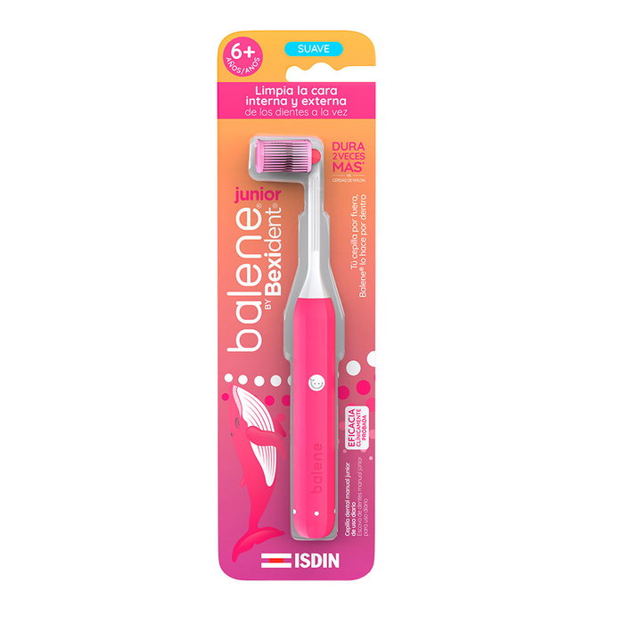 Isdin Bexident Balene Junior Brosse à dents manuelle pour enfants - Tête rotative 180°, efficacité clinique, recommandée SEOP - Rose - 1 Unité