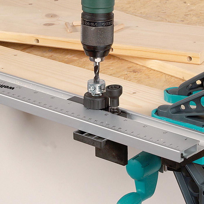 Wolfcraft 4650000 Réglette à tourillons multifonction 5 en 1, guide de perçage 670mm, diamètres 5-10mm, pour tables jusqu'à 600mm et épaisseur 12-40mm