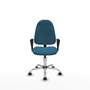 Chaise de bureau Algarra avec mécanisme de contact permanent de base, recouverte de tissu vert pétrole. Équipée d'une base chromée, d'accoudoirs fixes et de roulettes pour parquet