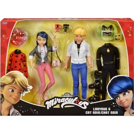 Miraculous Pack de 2 figurines Marinette et Adrien avec tenues Ladybug et Chat Noir, 26 cm