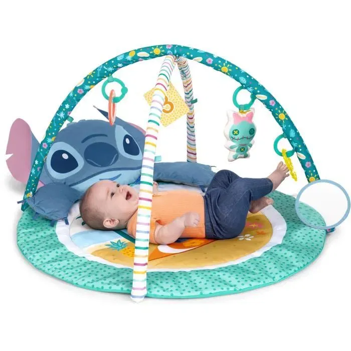 Bright Starts - Disney Baby Stitch - Tapis d'éveil bébé évolutif 3-en-1 avec arche, jouets sensoriels, peluche, miroir, coussin et hochet