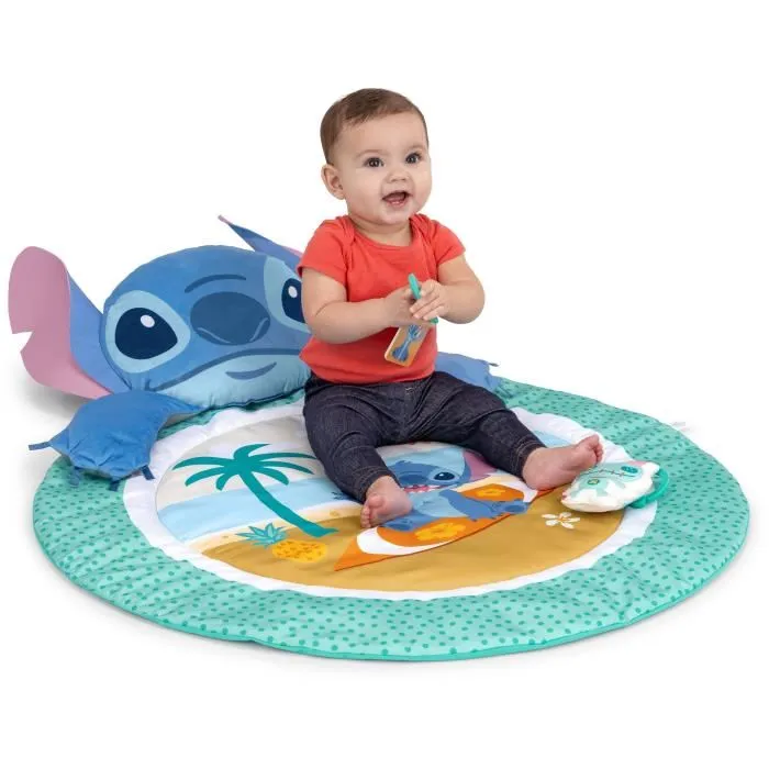 Bright Starts - Disney Baby Stitch - Tapis d'éveil bébé évolutif 3-en-1 avec arche, jouets sensoriels, peluche, miroir, coussin et hochet