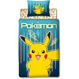 Pokemon Set de chambre Pikachu - Housse 140x200 cm + Taie 63x63 cm + Coussin 30x30 cm + Masque de sommeil pour enfant