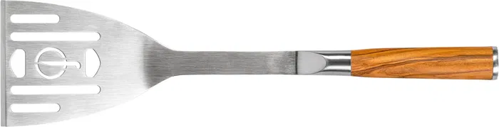 Forged Spatule de barbecue à trous en acier inoxydable avec manche en bois d'olivier, 38.5 x 13.5 x 5 cm - Série Forged BBQ - Pour viandes et légumes