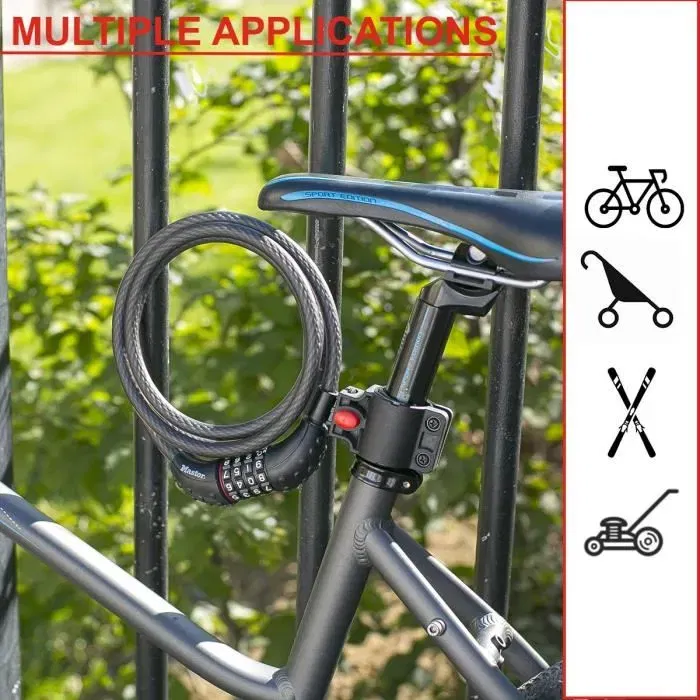 Master Lock - Antivol pour vélo avec câble en acier torsadé 1.8 m - Modèle 8120EURDPRO - Cadenas à code programmable - Noir