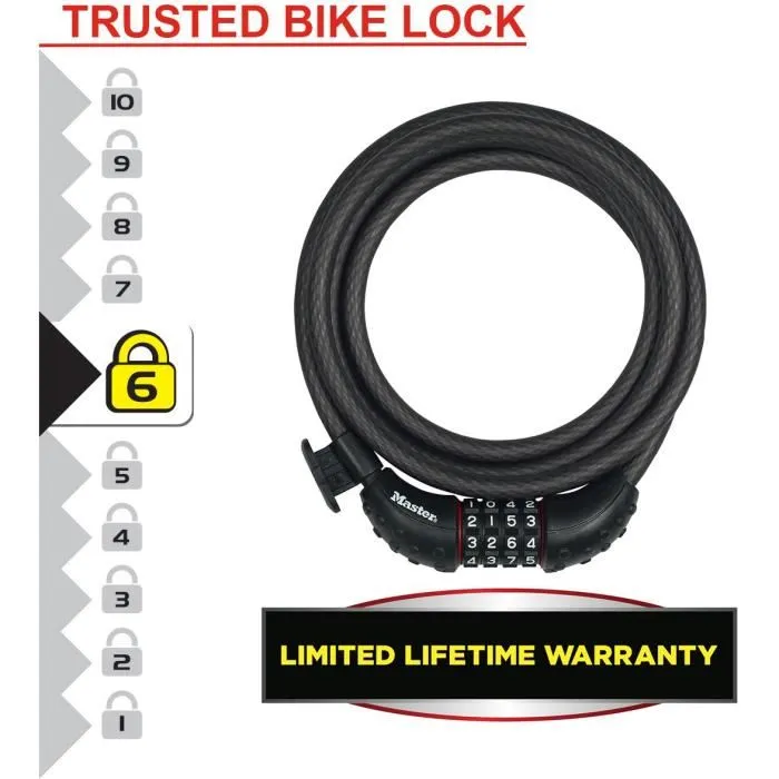 Master Lock - Antivol pour vélo avec câble en acier torsadé 1.8 m - Modèle 8120EURDPRO - Cadenas à code programmable - Noir