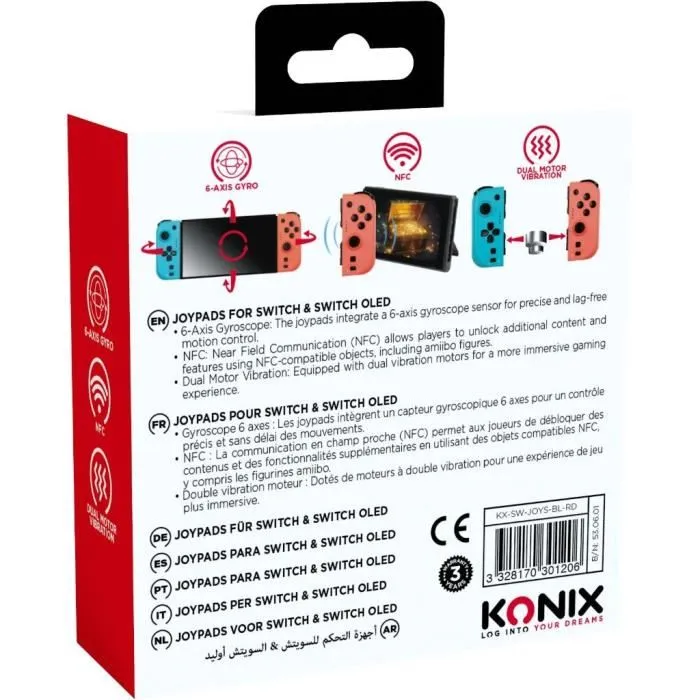 Konix Joypads - Manettes sans fil pour Nintendo Switch et Switch OLED - Autonomie 8 h - Fonction vibration - Bleu et Rouge