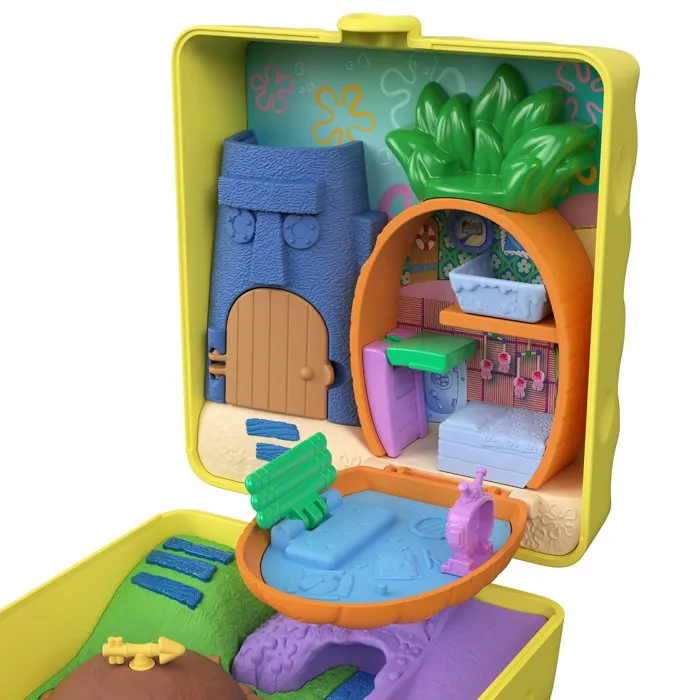 Mattel Polly Pocket - Coffret Maison-Ananas de Bob l'éponge avec Patrick et Gary l'escargot, 7 accessoires inclus