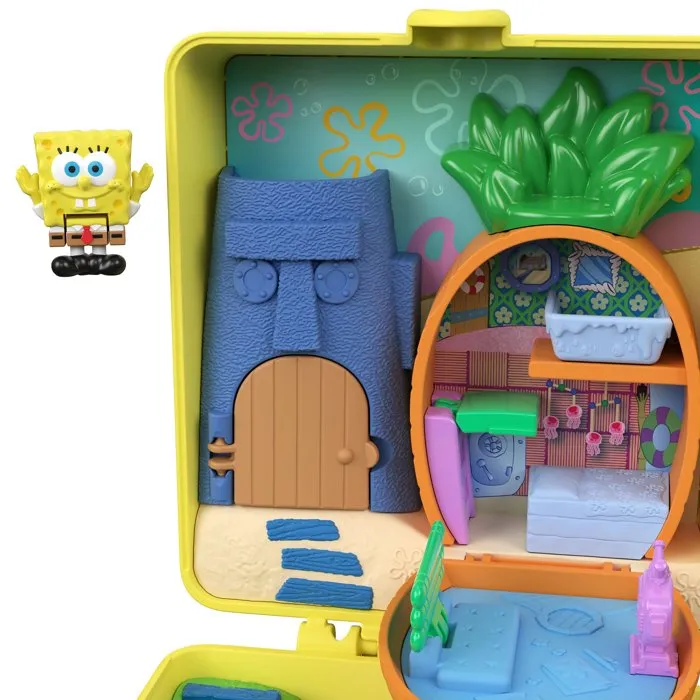 Mattel Polly Pocket - Coffret Maison-Ananas de Bob l'éponge avec Patrick et Gary l'escargot, 7 accessoires inclus