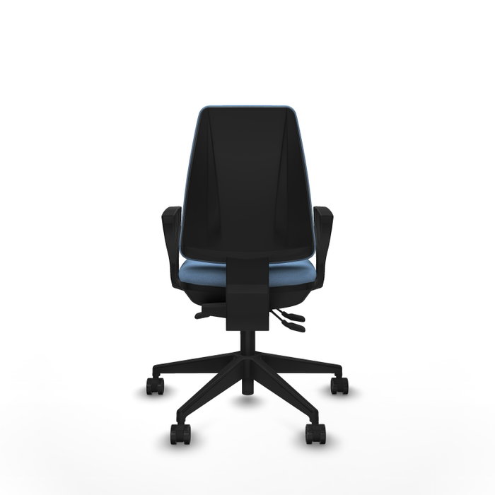 Chaise Elche Asynchrone Tissu Bleu ciel Base pyramidale noire Accoudoirs fixes Sans appui-tête Roulettes 65mm nylon