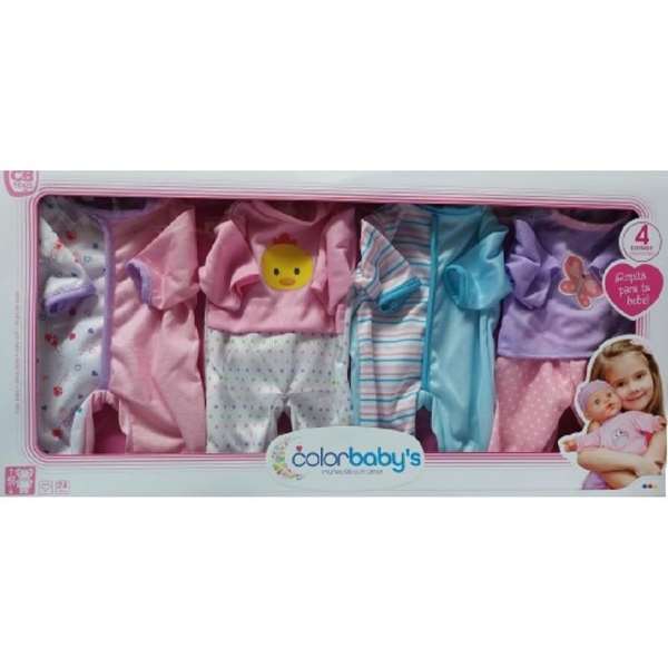 Color Baby Set de 4 pyjamas pour poupée bébé 42 cm - Vêtements de poupon en tissu et plastique - Recommandé 24 mois