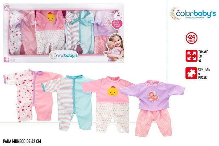 Color Baby Set de 4 pyjamas pour poupée bébé 42 cm - Vêtements de poupon en tissu et plastique - Recommandé 24 mois