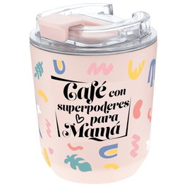 AUREA - Tasse isotherme 280ml 'Café avec Superpouvoirs pour Maman' - Garde le froid 6h et le chaud 4h - Sans BPA - Acier inoxidable et finition anti-condensation