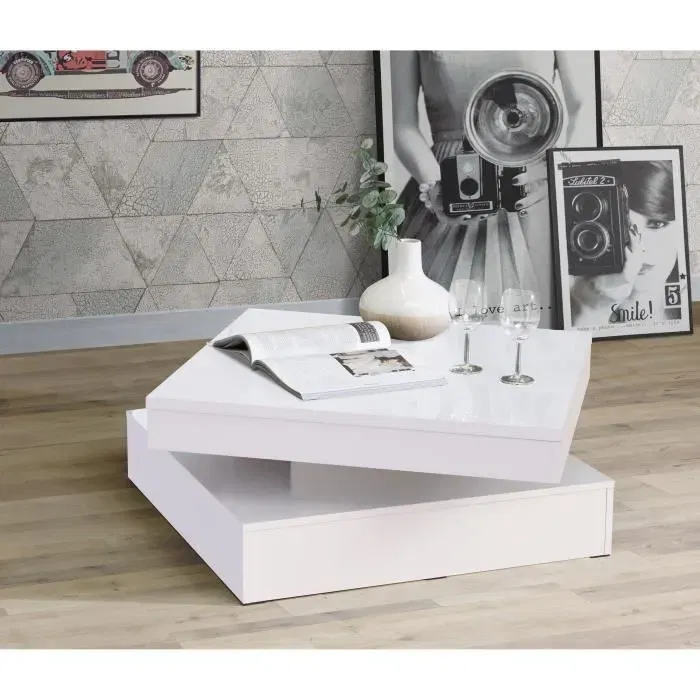 Forte Table basse CFTT4181-Z38 avec plateau rotatif, carrée, blanc brillant, 78 x 78 x 36 cm
