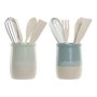 DKD Home Decor Lot de 2 pots pour ustensiles de cuisine en bois d'hévéa et grès