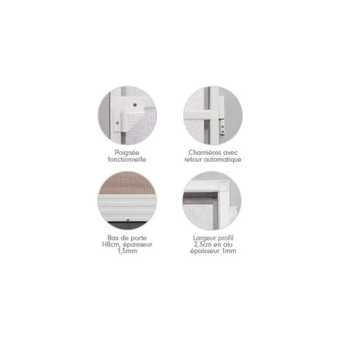 No Name Moustiquaire pour Porte Battante en Aluminium Blanc avec Toile Fibre de Verre - 100 x 220 cm - Ouverture 180° et Retour Automatique