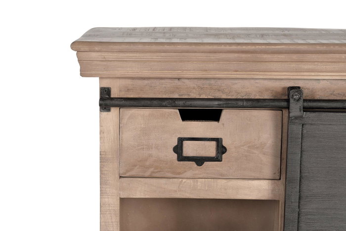 GINER Y COLOMER Console industrielle en bois de manguier avec 2 tiroirs et 1 porte coulissante, pattes métal, finition naturelle - Dimensions du caisson : 66 cm