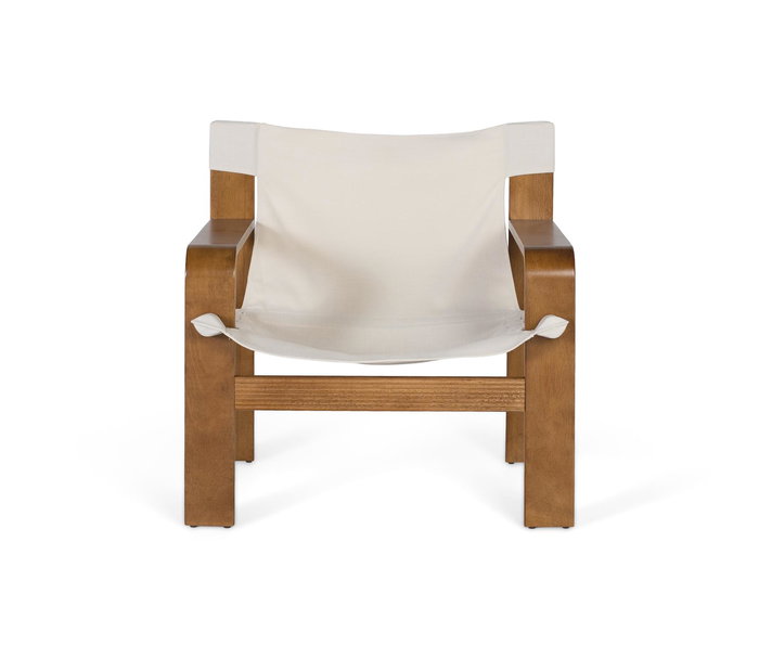 GINER Y COLOMER - Fauteuil contemporain en bois de caoutchouc avec tissu beige - Structure robuste et design naturel - Tissu résistant couleur avellana