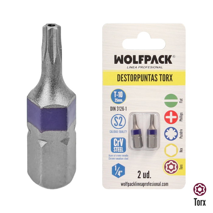 WOLFPACK LINEA PROFESIONAL Lot de 2 embouts Torx T-10 en acier S2 WOLFPACK LINEA PROFESIONAL Lot de 2 embouts Torx T-10 en acier S2